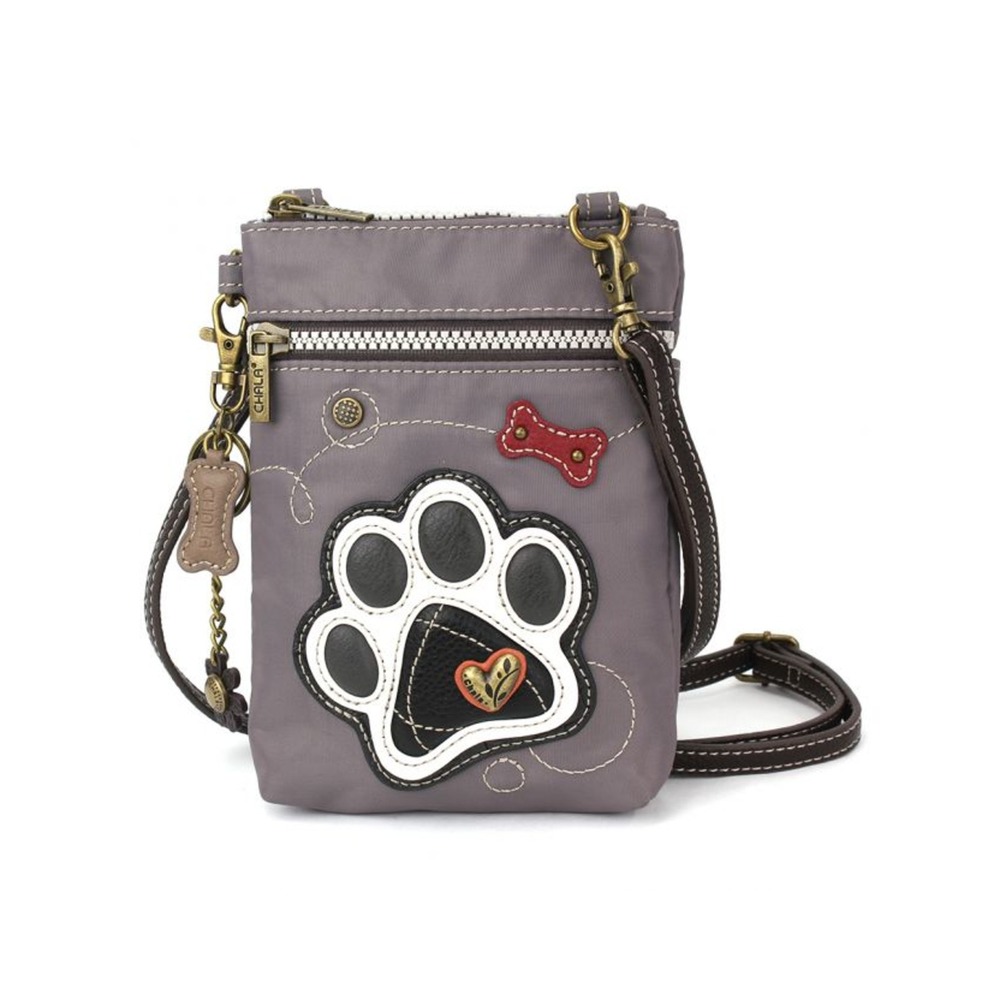 Chala Handbags Gray Nylon Paw Print Cell Phone Crossbody Purse RFID Protected